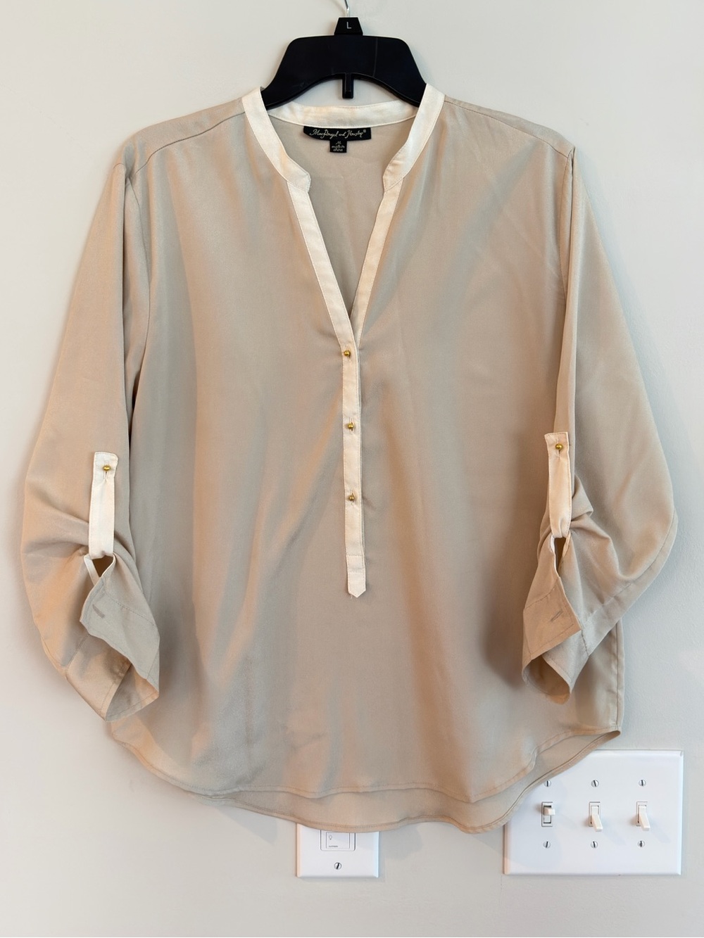 Neutral Taupe V-Neck Roll-Tab Blouse by Anthropologie